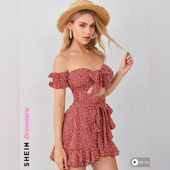 Tie Front Cutout Detail Shirred Back Bardot Dress women’s size medium - Picture 2 of 3